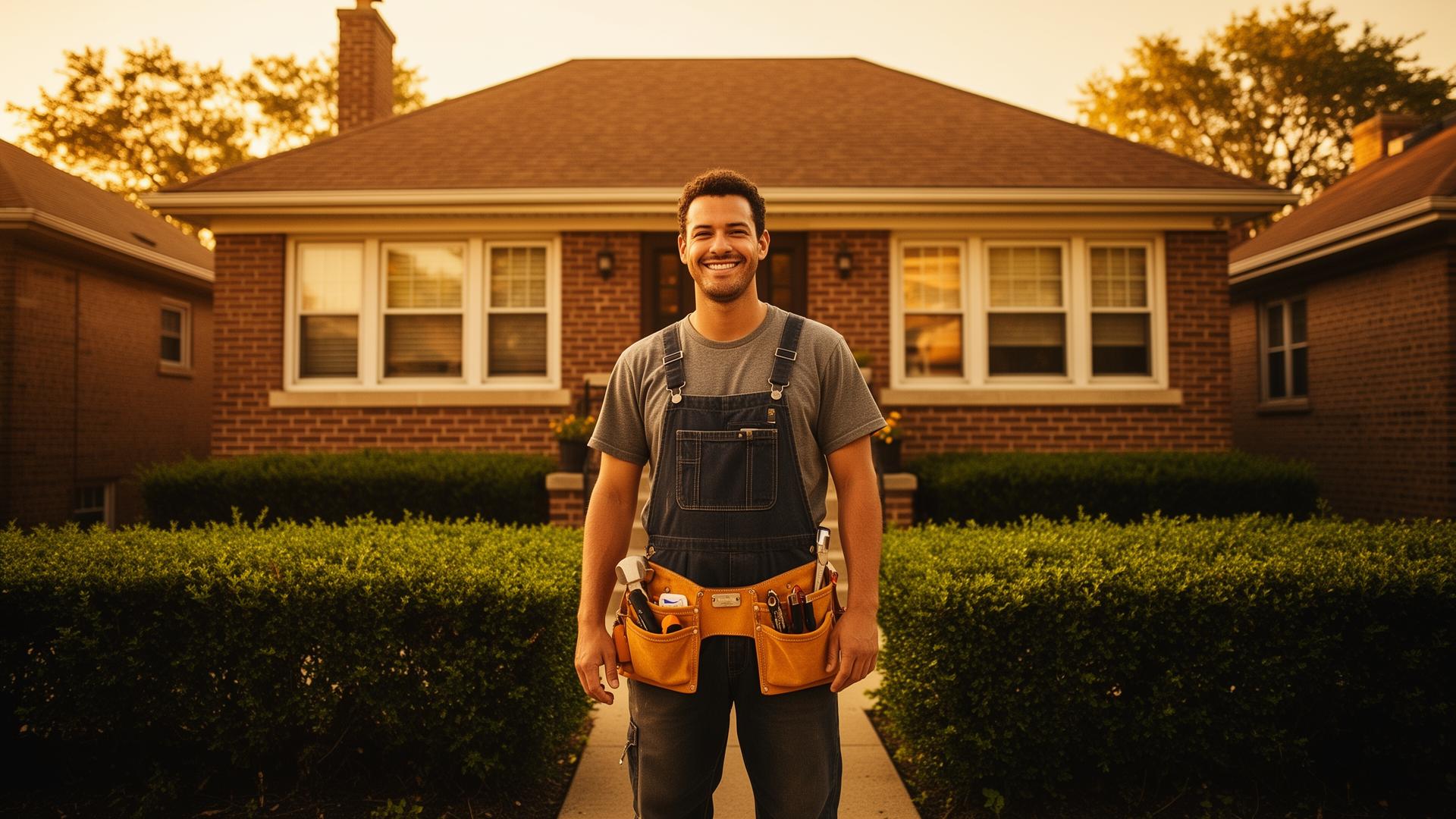 Bungalow Crew handyman in front of an Edison Park bungalow